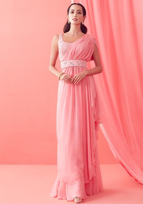 Soft Pink Sequin Embroidered Pre-Draped Saree Set