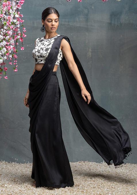 Black Embroidered Pre-Draped Saree Set