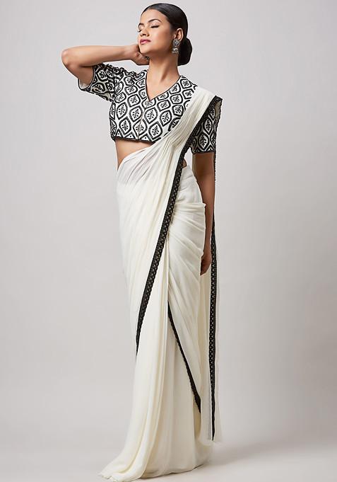 Ivory Hand Embroidered Pre-Draped Saree Set