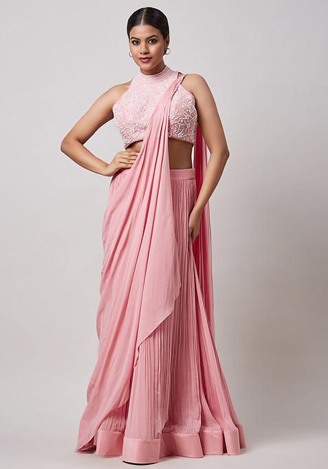 Pink Hand Embroidered Pre-Draped Saree Set