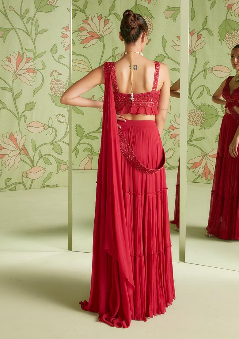 Cherry Red 3D Embroidered Pre-Draped Saree Set - Indya