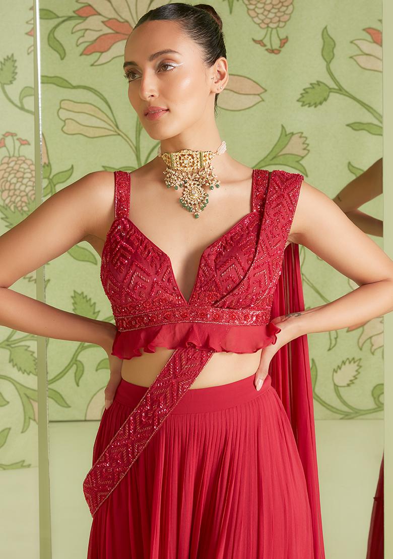 Cherry Red 3D Embroidered Pre-Draped Saree Set - Indya