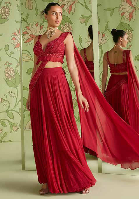 Cherry Red 3D Embroidered Pre-Draped Saree Set