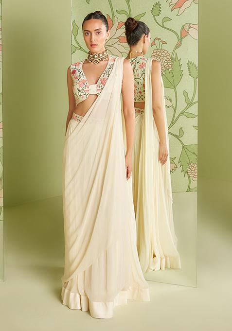 Ivory 3D Embroidered Pre-Draped Saree Set