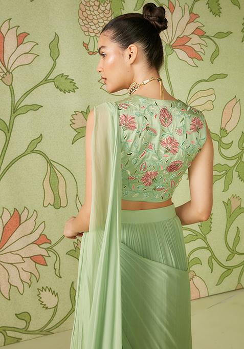 Dusty Sage Grey Three Piece Pre Draped Saree Set