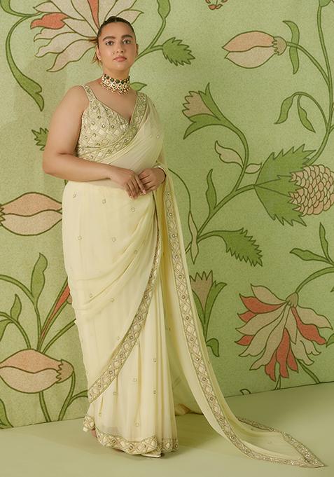 Ivory Sequin Embroidered Pre-Draped Saree Set