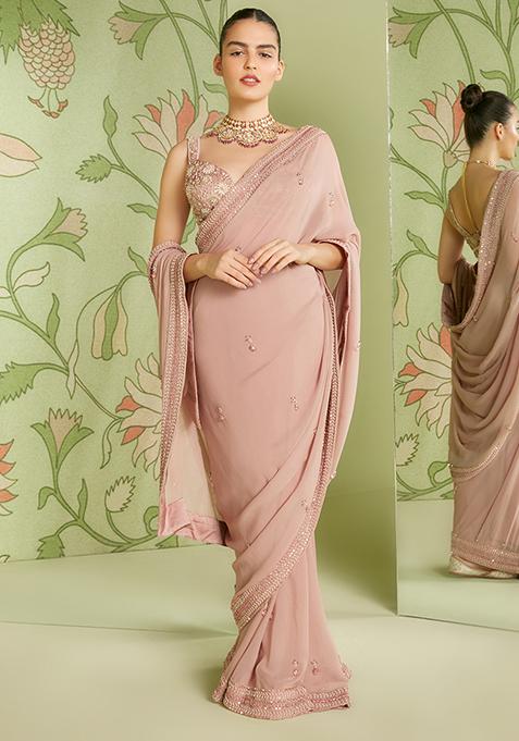 Rose Gold Sequin Embroidered Pre-Draped Saree Set