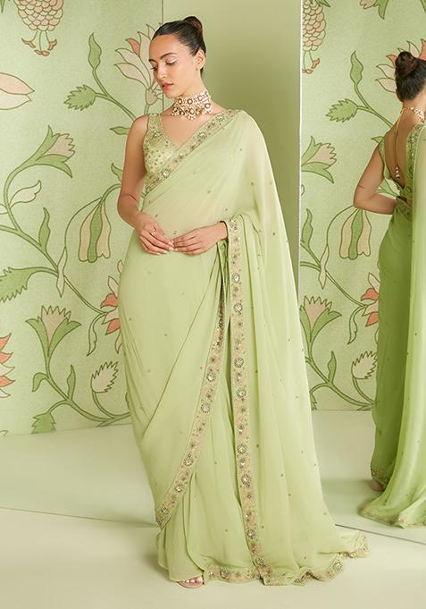 Pistachio Green Sequin Embroidered Pre-Draped Saree Set