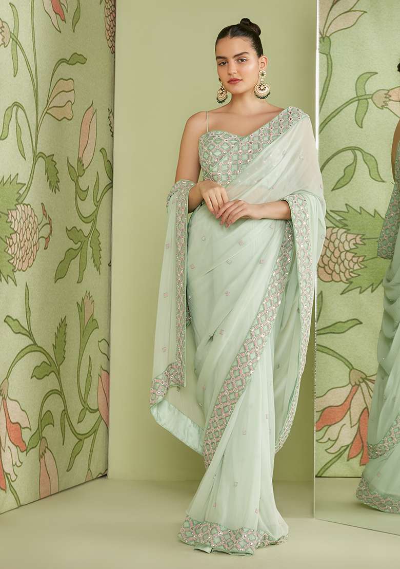 Mint Green Sequin Embroidered Pre-Draped Saree Set - Indya