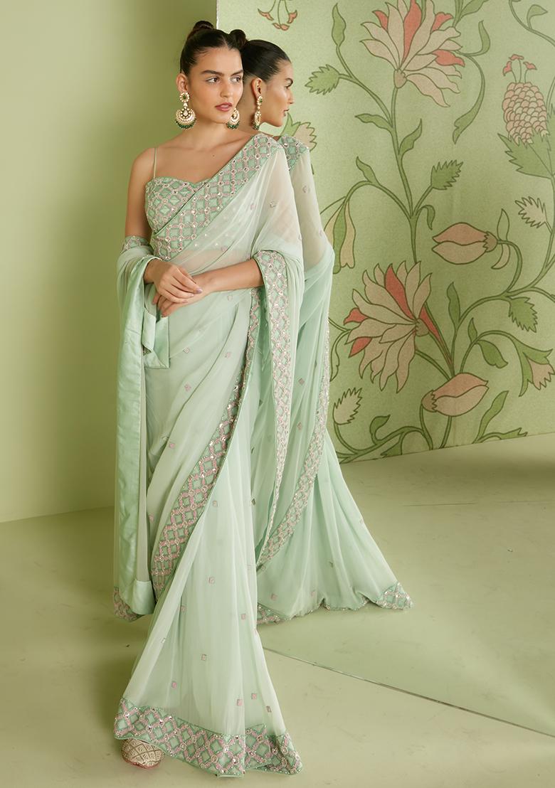 Mint Green Sequin Embroidered Pre-Draped Saree Set
