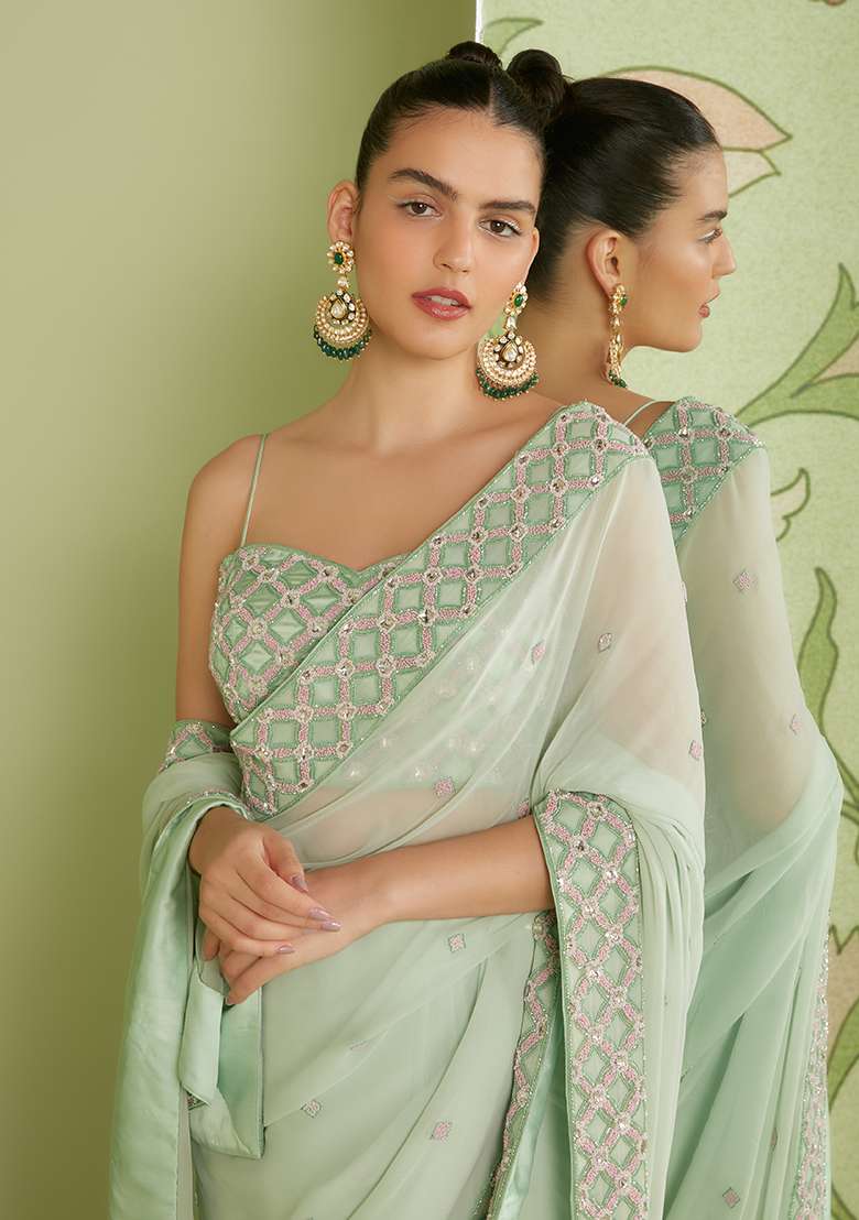 Mint Green Sequin Embroidered Pre-Draped Saree Set - Indya