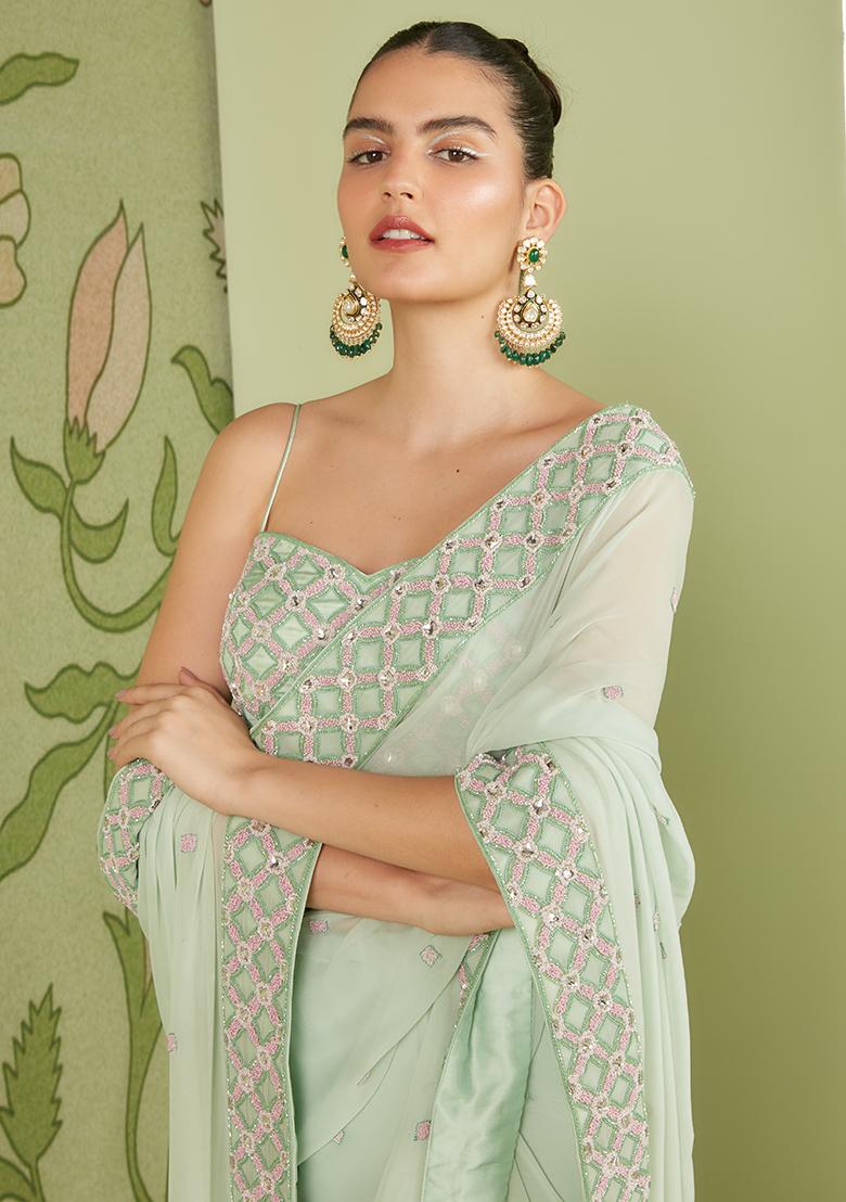 Mint Green Sequin Embroidered Pre-Draped Saree Set