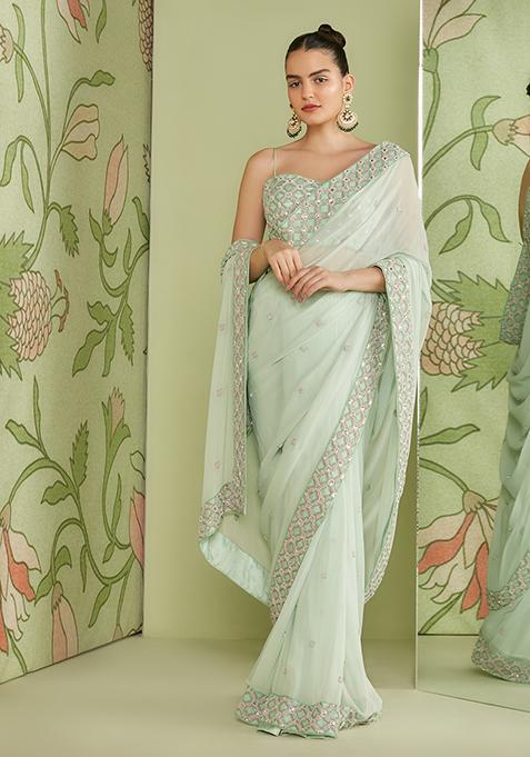 Mint Green Sequin Embroidered Pre-Draped Saree Set