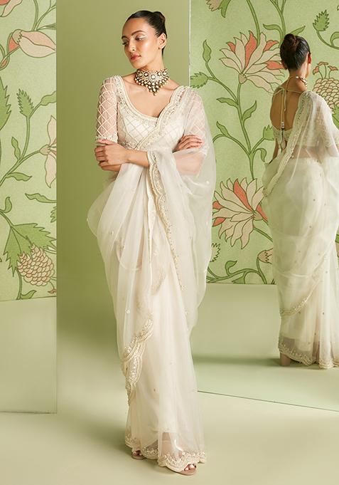 Ivory 3D Embroidered Pre-Draped Saree Set