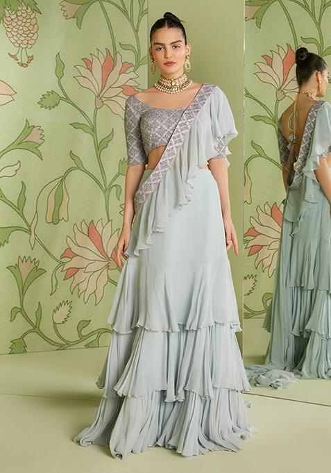 Grey Ruffled 3D Embroidered Pre-Draped Saree Set