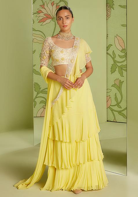 Daffodil Yellow Hand Embroidered Pre-Draped Saree Set