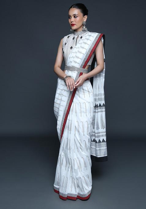 Ivory Paisley Block Print Sequin Embroidered Saree Set