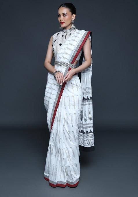 Ivory Paisley Block Print Saree Set