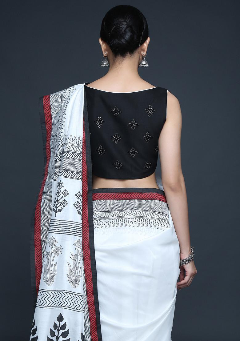 Ivory Block Print Cotton Saree Set - Indya