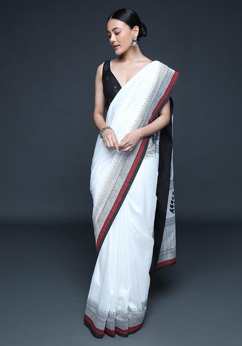 Ivory Block Print Cotton Saree Set