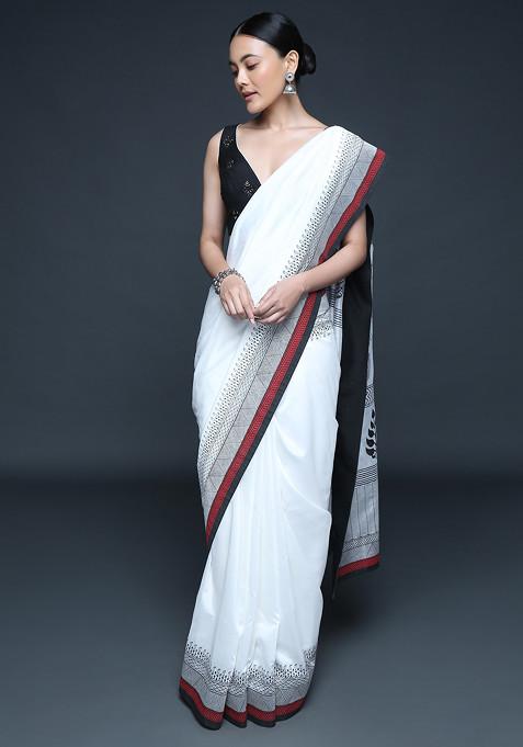 Ivory Block Print Saree (Without Blouse)