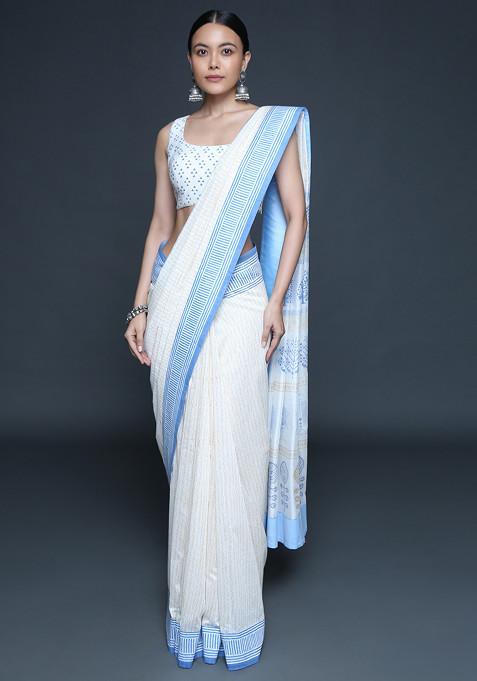 Ivory Geometric Print Saree Set