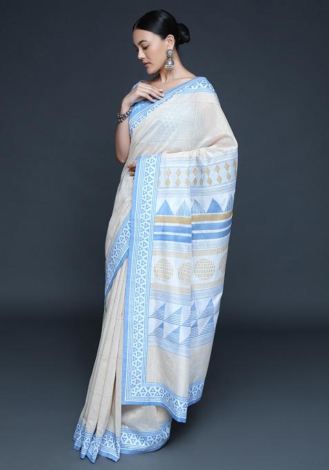 Ivory Geometric Block Print Hand Embroidered Saree Set