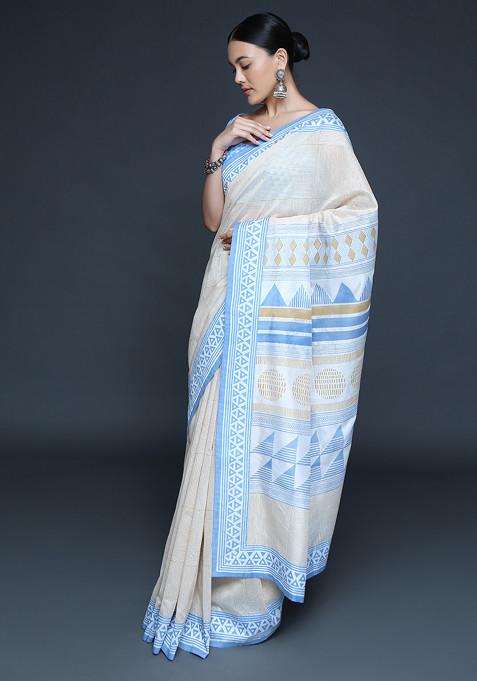 Ivory Block Print Hand Embroidered Saree (Without Blouse)