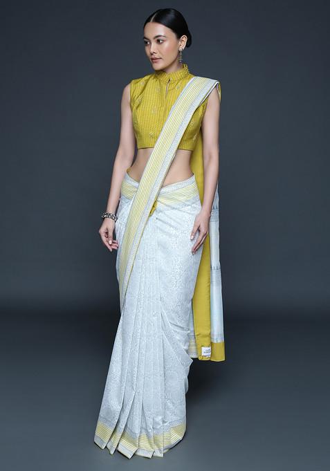 Ivory Floral Block Print Saree (Without Blouse)