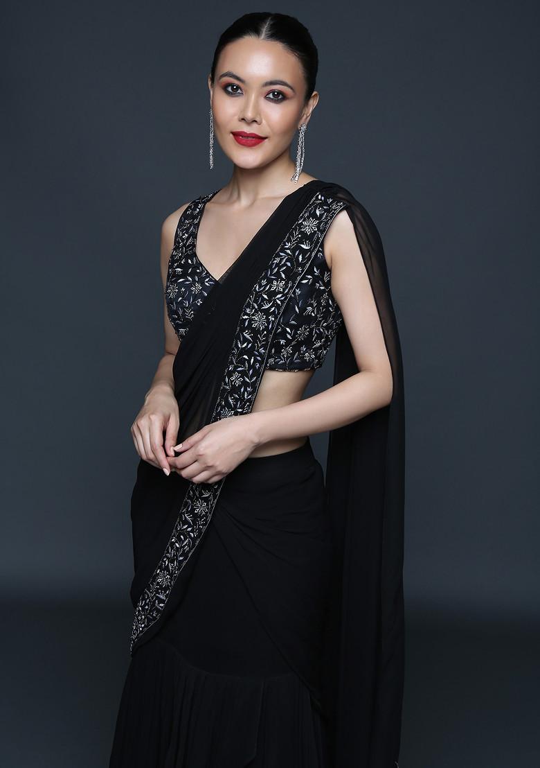 Black Cutdana Embroidered Pre-Draped Saree Set - Indya