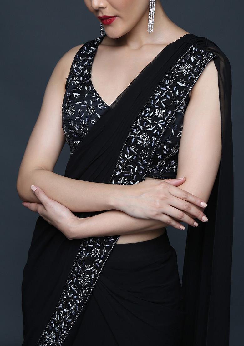 Black Cutdana Embroidered Pre-Draped Saree Set - Indya