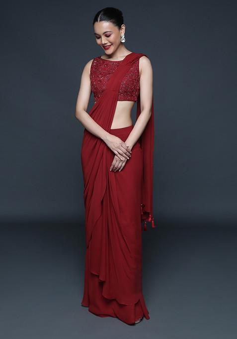 Mineral Red 3D Embroidered Pre-Draped Saree Set