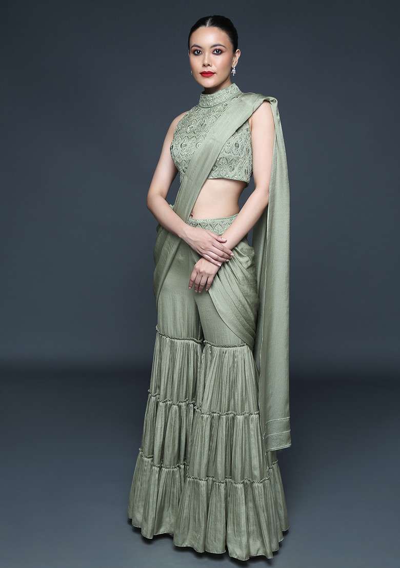 Moss Green Cutdana Embroidered Pre-Draped Saree Set - Indya