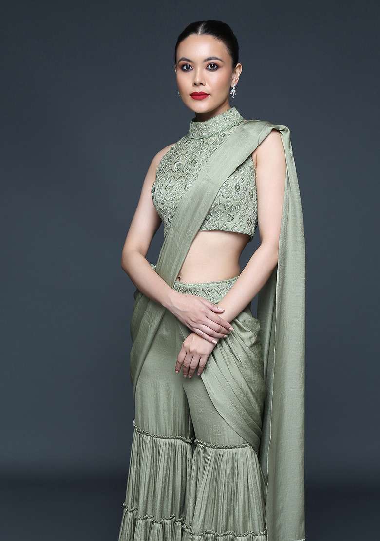 Moss Green Cutdana Embroidered Pre-Draped Saree Set - Indya