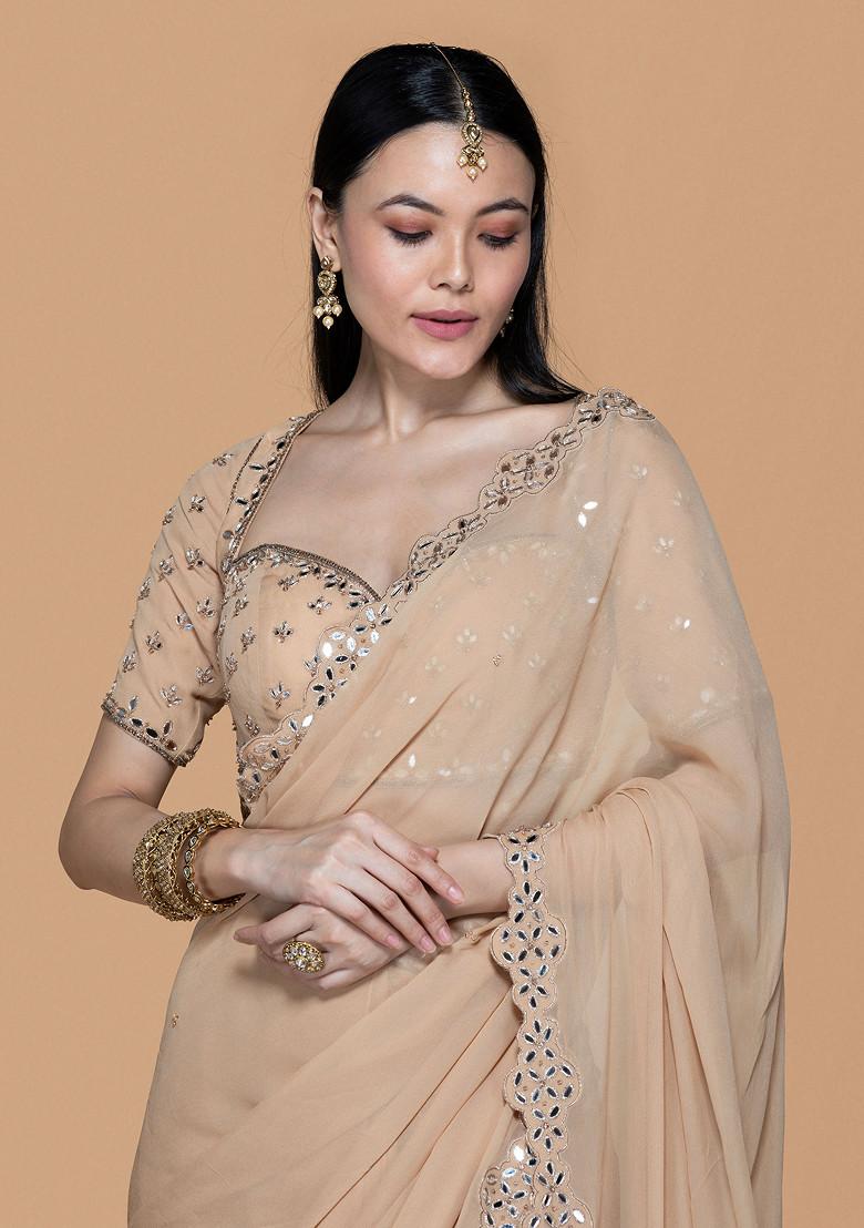 Pre Draped Mirror Work Smoked Blouse Saree in Yellow Crepe main image 0