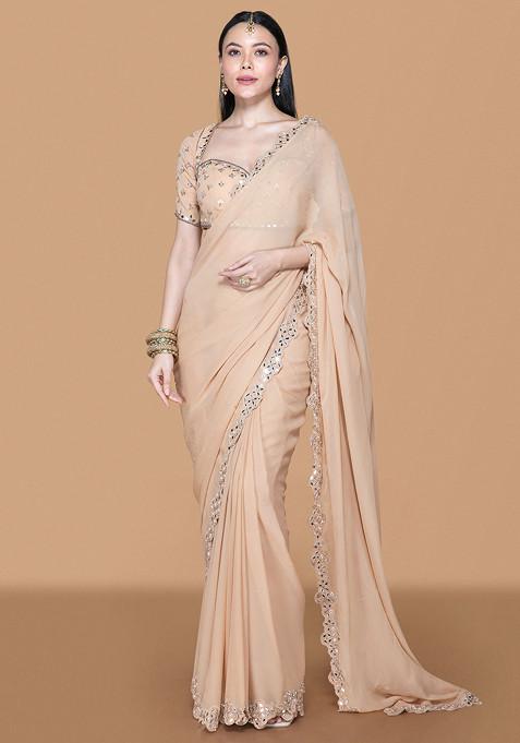 Fawn Mirror Work Pre-Draped Saree With Blouse Set