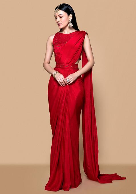 Red Embellished Pre-Draped Saree Set