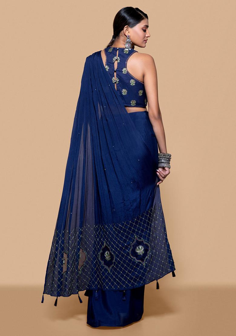 Blue Hand Embroidered Pre-Draped With Blouse Saree Set - Indya