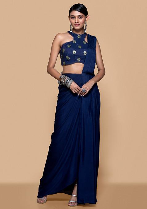 Blue Hand Embroidered Pre-Draped With Blouse Saree Set