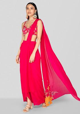 Hot Pink Applique Embroidered Pre-Draped Saree Set