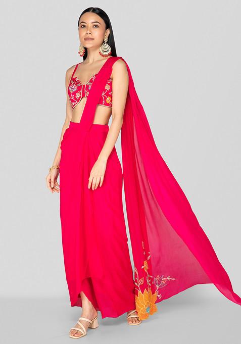 Hot Pink Applique Embroidered Pre-Draped Saree Set