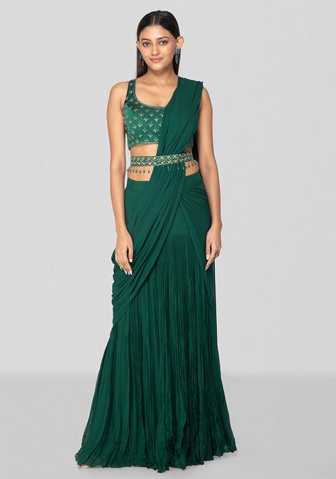 Emerald Green Pearl Embroidered Pre-Draped Saree Set