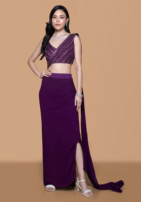 Deep Purple Hand Embroidered Pre-Draped Saree Set