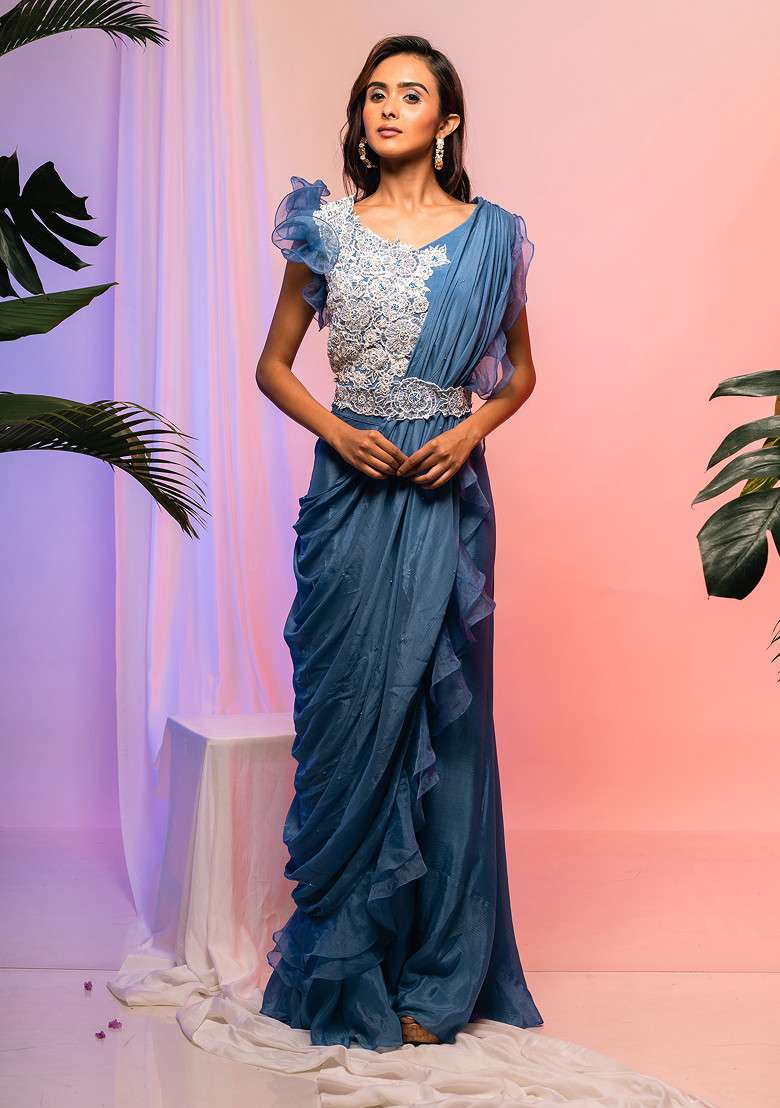 Blue Embroidered Pre-Draped Saree Set - Indya
