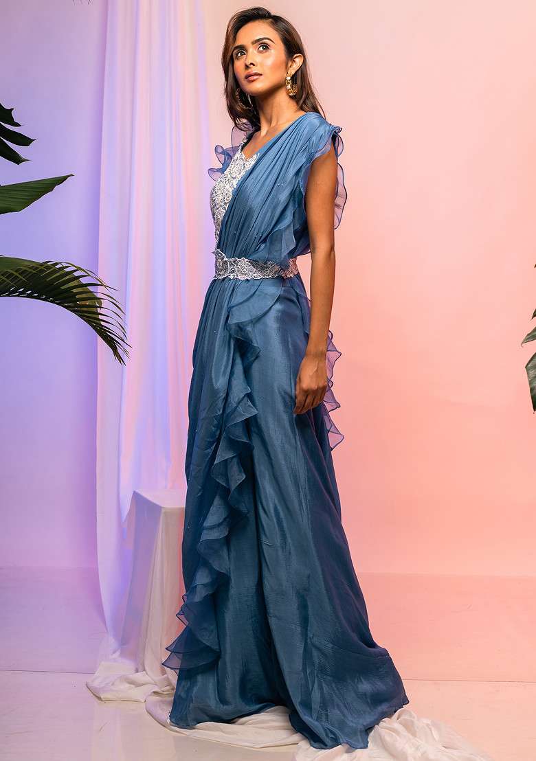Blue Embroidered Pre-Draped Saree Set - Indya