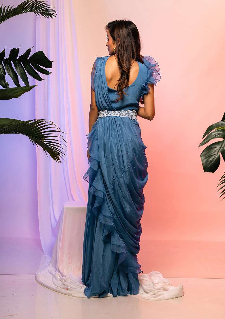 Blue Embroidered Pre-Draped Saree Set - Indya
