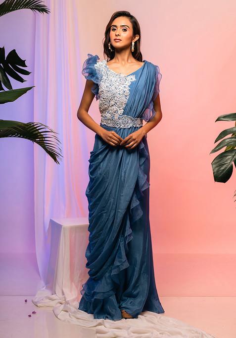 Blue Embroidered Pre-Draped Saree Set