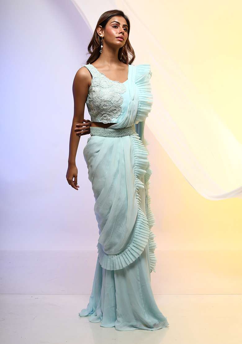 Light Blue Embroidered Chinon Pre-Draped Saree Set - Indya
