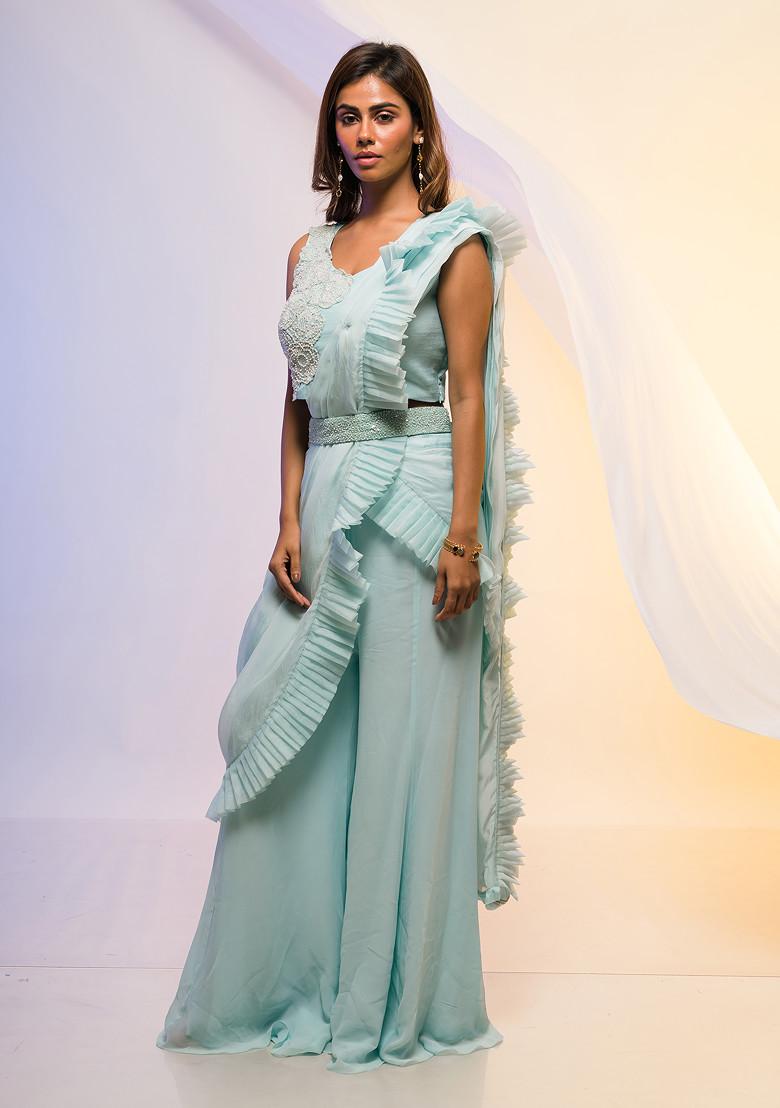 Light Blue Embroidered Chinon Pre-Draped Saree Set