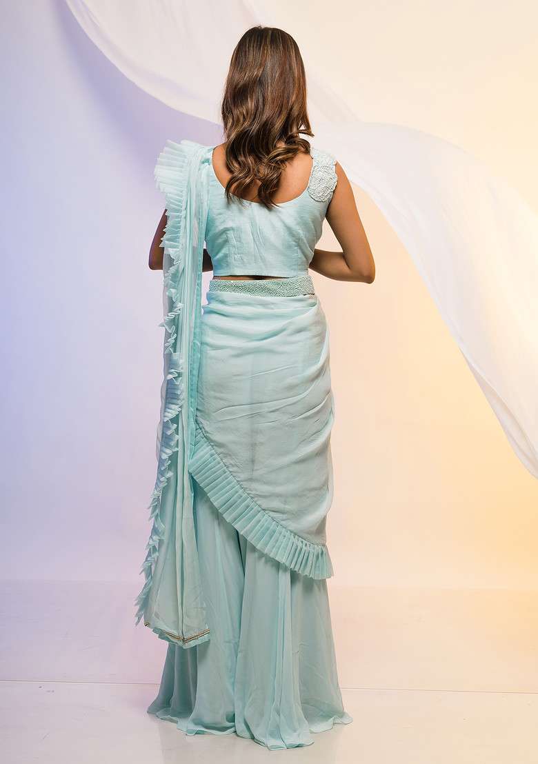Light Blue Embroidered Chinon Pre-Draped Saree Set - Indya
